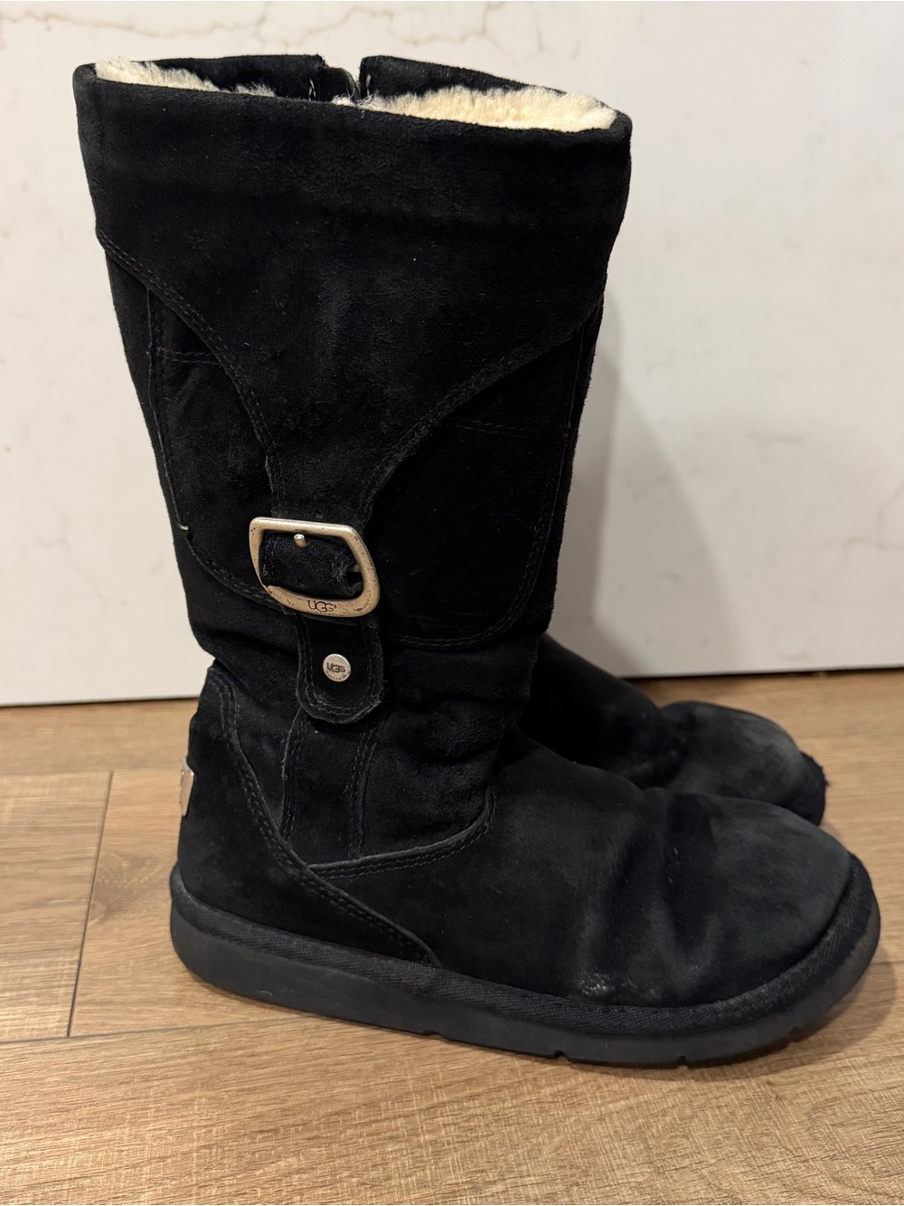 UGG Black Suede Shearling Mid-Calf Boot with Buckle, women 7